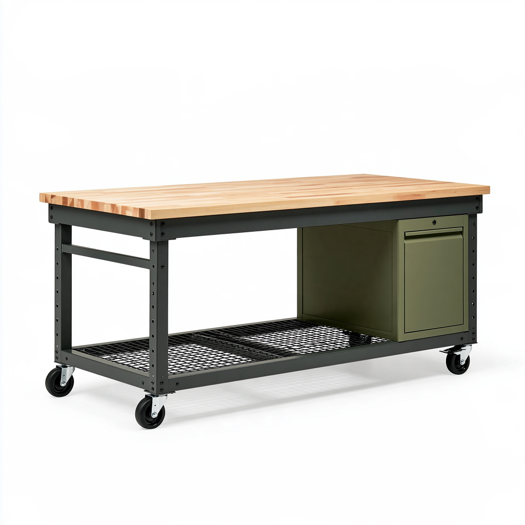 Établi roulant 152 x 61 x 91 cm en bois et acier noir vert avec rangement