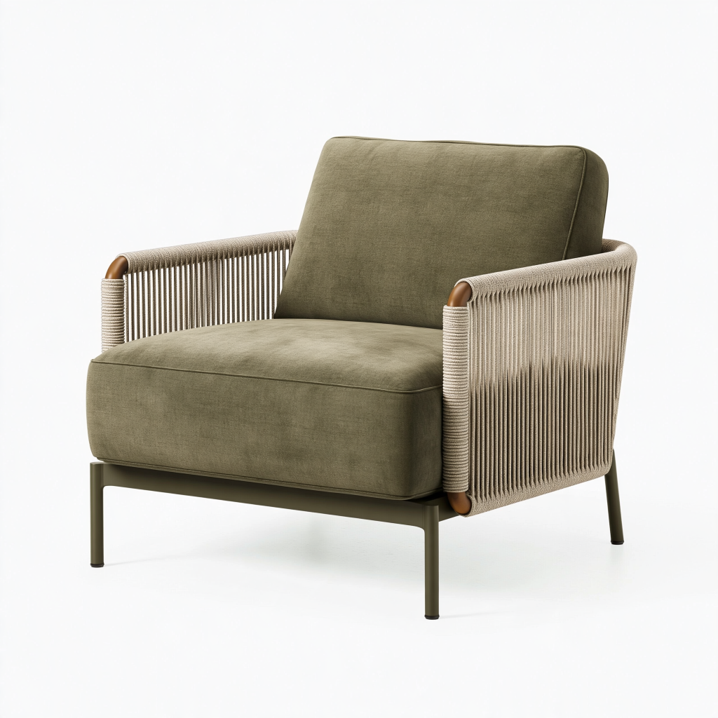Fauteuil 82 x 78 x 84 cm en tissu vert kaki avec cordage tressé style contemporain