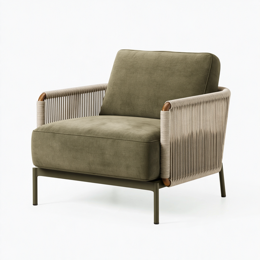 Fauteuil 82 x 78 x 84 cm en tissu vert kaki avec cordage tressé style contemporain