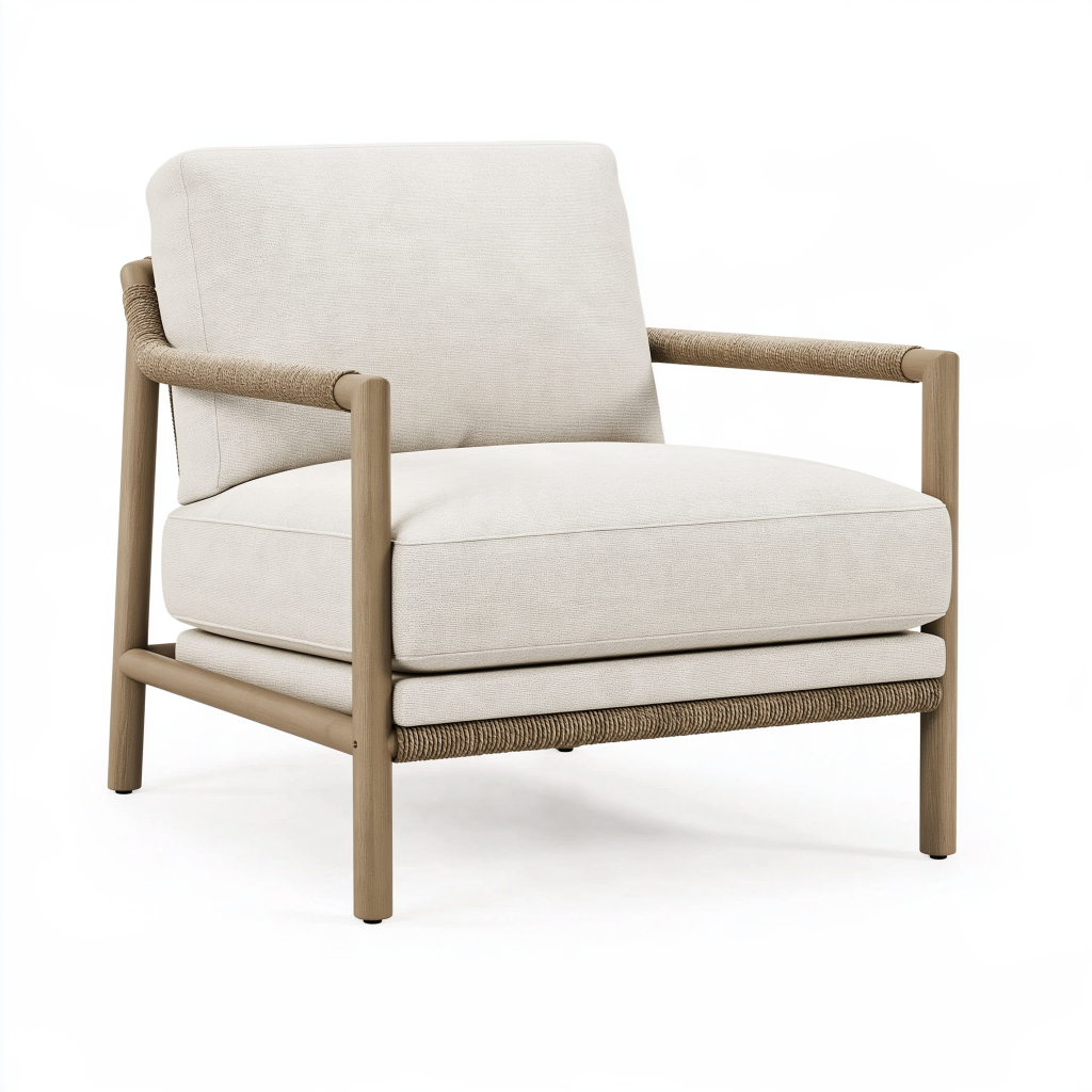 Fauteuil 75 x 80 x 78 cm en bois beige et écru avec accoudoirs tressés