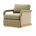 Fauteuil 82 x 83 x 80 cm en tissu vert avec structure en bois et panneaux cannés style rétro