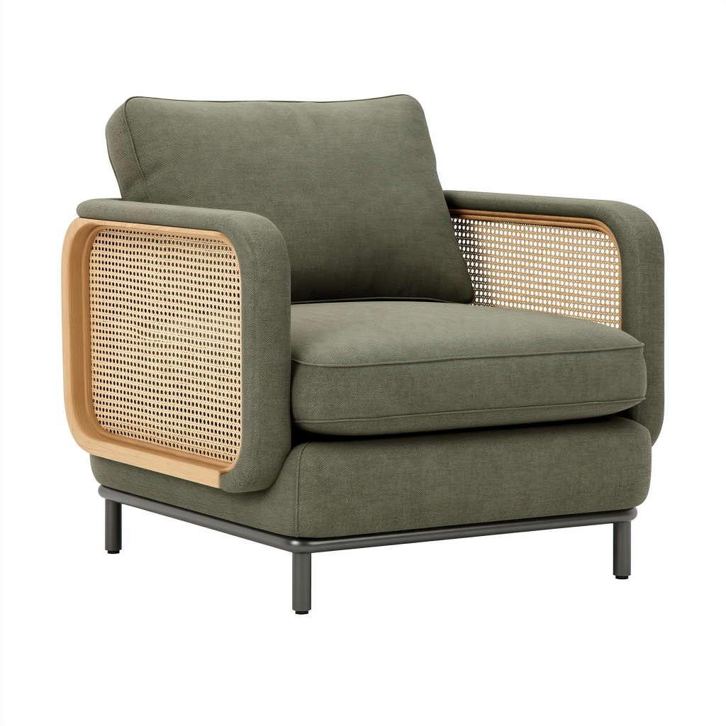 Fauteuil 90 x 85 x 82 cm en tissu vert avec cannage style contemporain