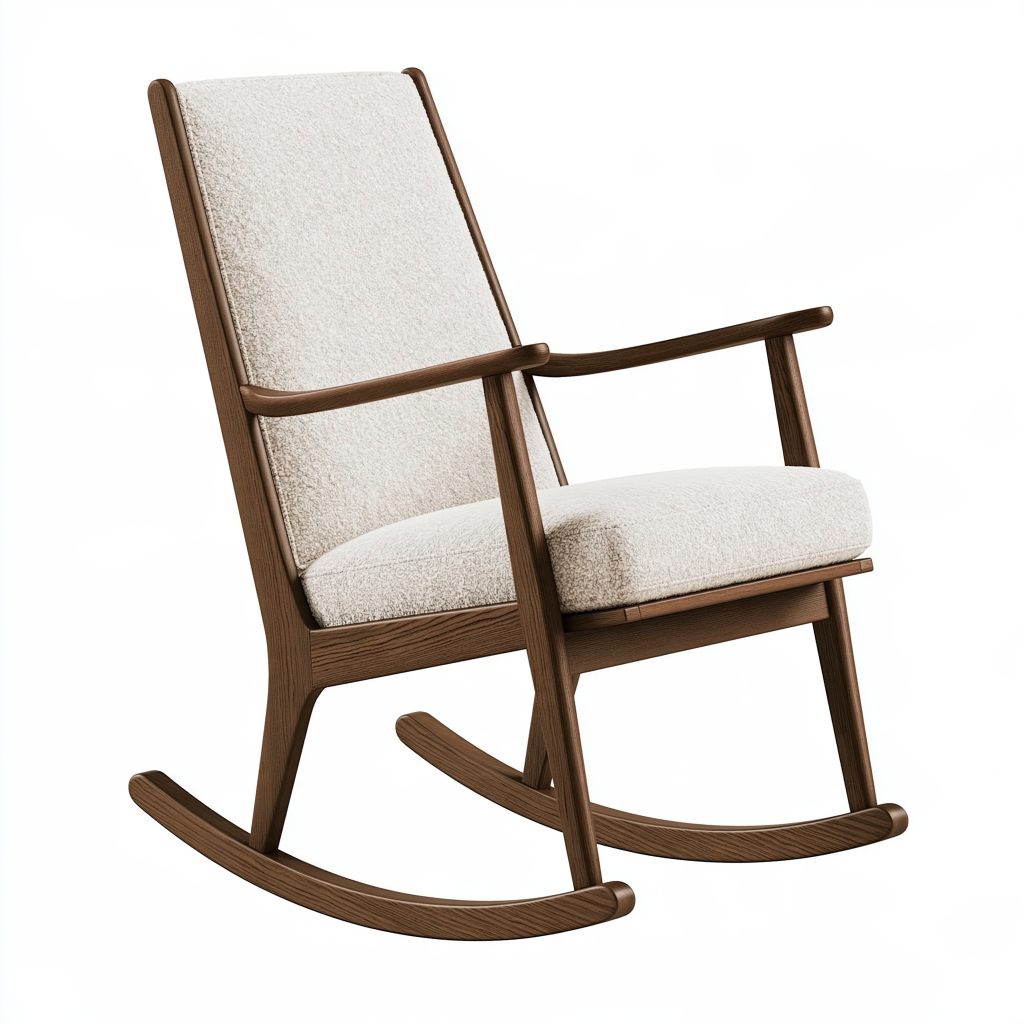 Fauteuil à bascule 68 x 95 x 105 cm en bois marron avec tissu bouclette écru style scandinave