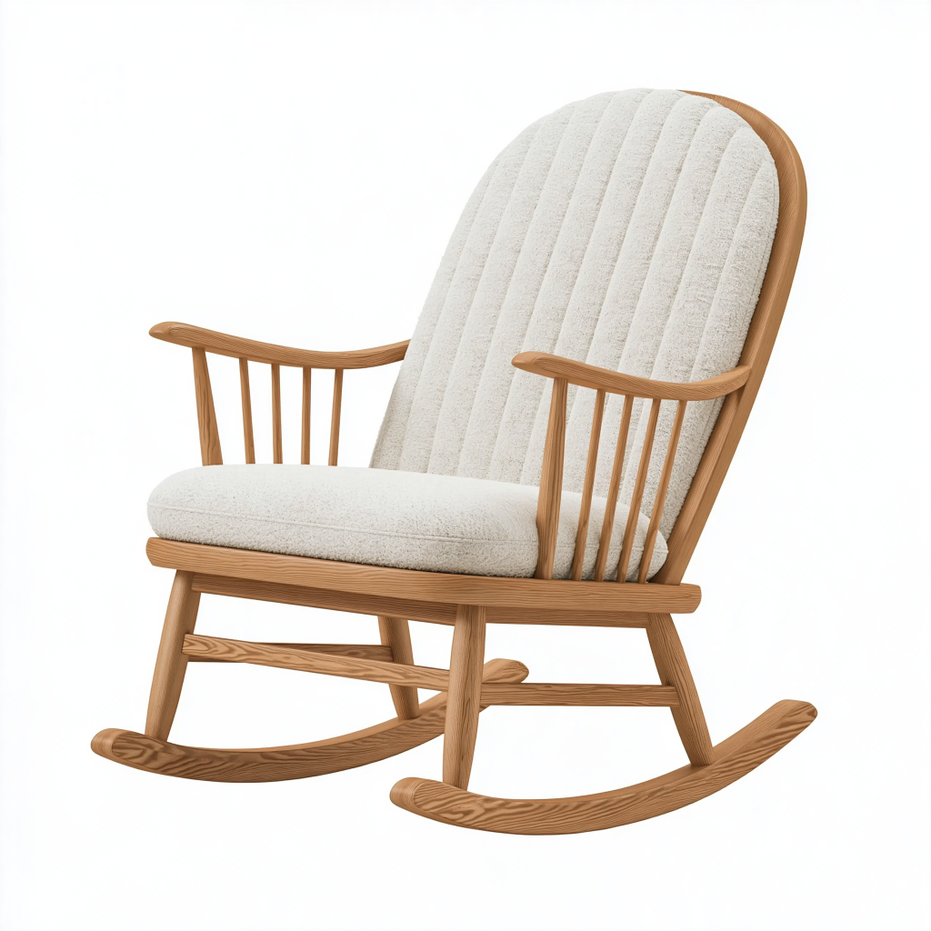 Fauteuil à bascule 70 x 90 x 105 cm en bois marron clair et tissu bouclette blanc cassé style scandinave