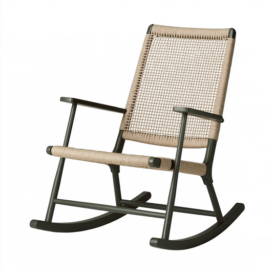 Fauteuil à bascule 70 x 90 x 100 cm en métal noir et corde beige style contemporain