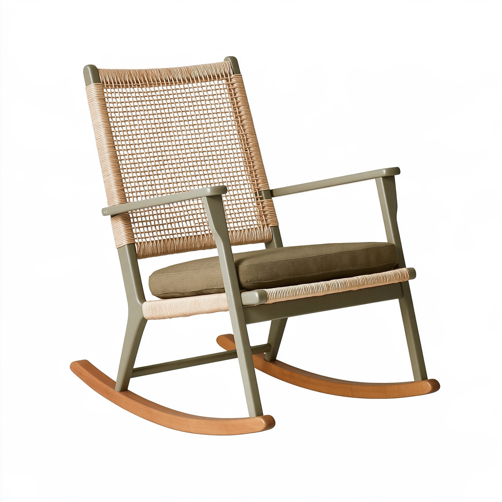 Fauteuil à bascule 68 x 95 x 103 cm en bois et rotin naturel kaki avec assise rembourrée