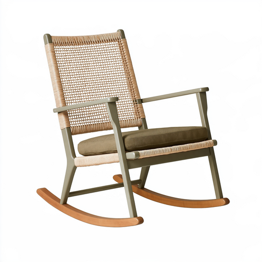 Fauteuil à bascule 68 x 95 x 103 cm en bois et rotin naturel kaki avec assise rembourrée