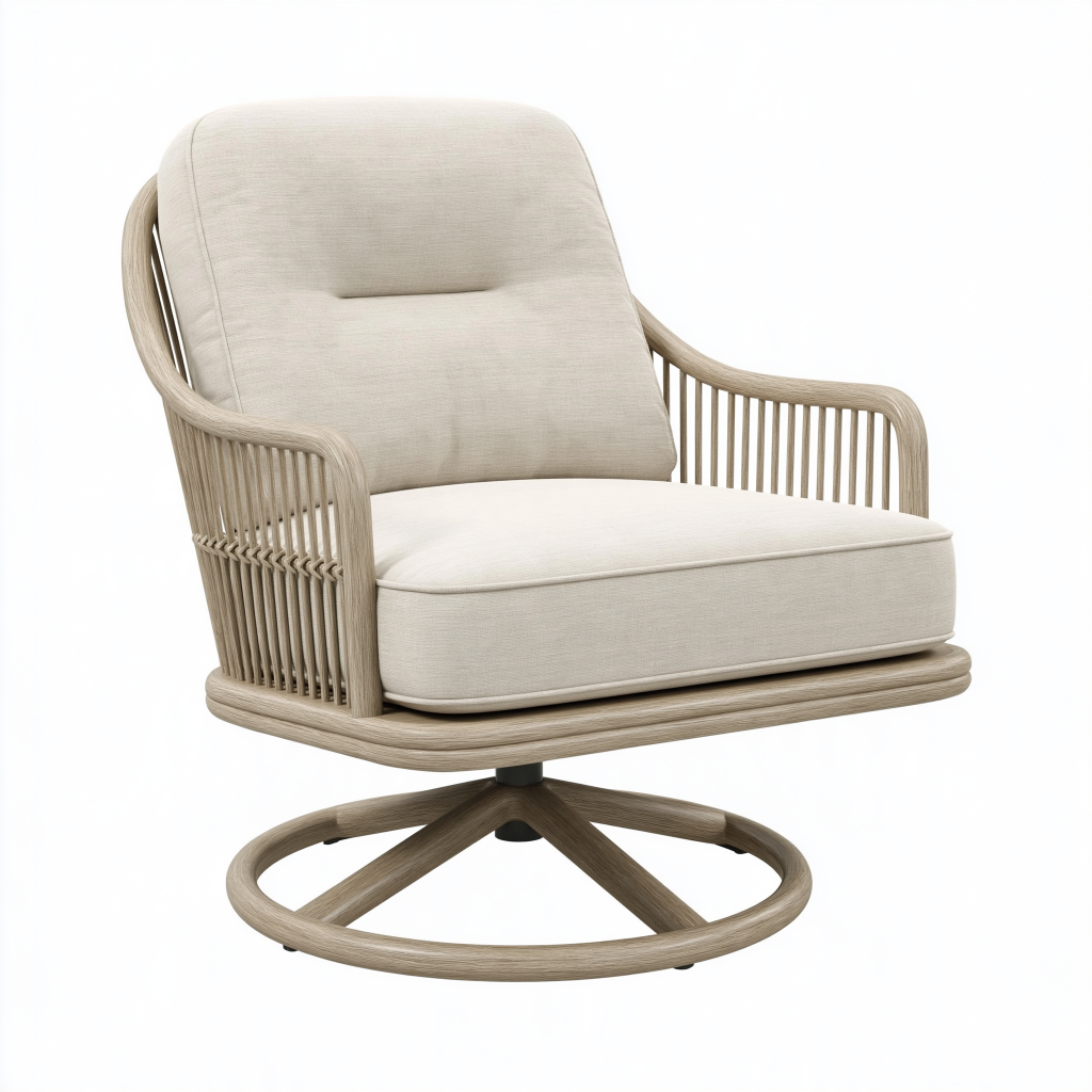 Fauteuil pivotant 82 x 85 x 93 cm tressé beige avec assise en tissu pour salon