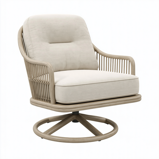 Fauteuil pivotant 82 x 85 x 93 cm tressé beige avec assise en tissu pour salon