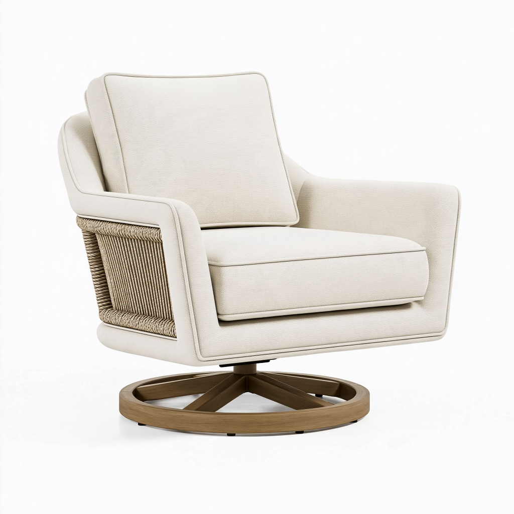 Fauteuil pivotant 90 x 88 x 86 cm en tissu ivoire avec tressage naturel