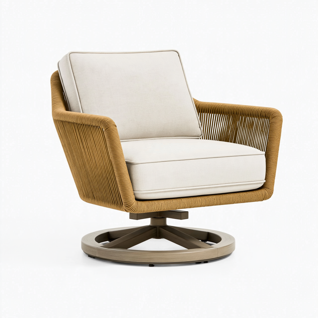 Fauteuil pivotant 82 x 82 x 84 cm en cordage tressé beige et tissu écru style contemporain