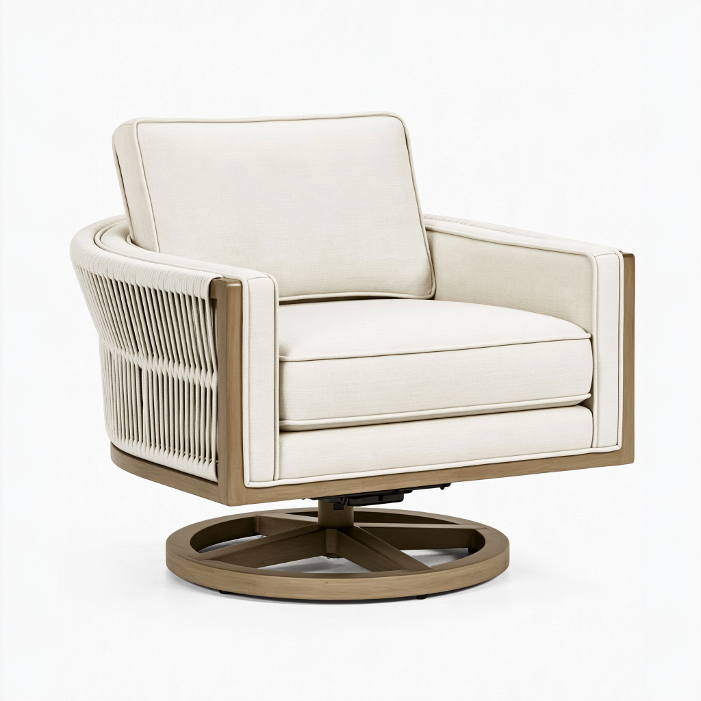 Fauteuil pivotant 85 x 85 x 82 cm en tissu beige et bois avec cordage style contemporain
