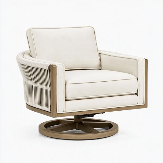 Fauteuil pivotant 85 x 85 x 82 cm en tissu beige et bois avec cordage style contemporain