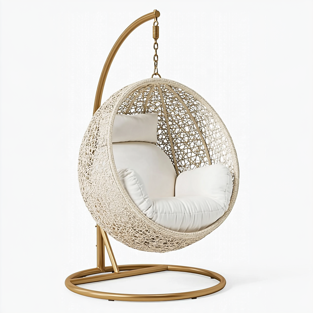 Fauteuil suspendu 105 x 105 x 195 cm en fibre tressée beige avec support en acier style bohème