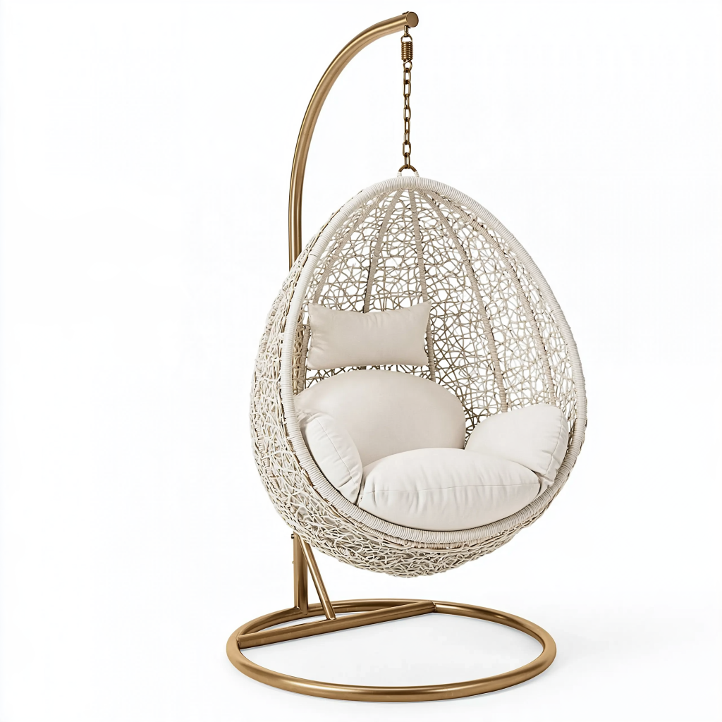 Fauteuil suspendu 105 x 105 x 195 cm en résine tressée blanc et métal doré avec support style bohème