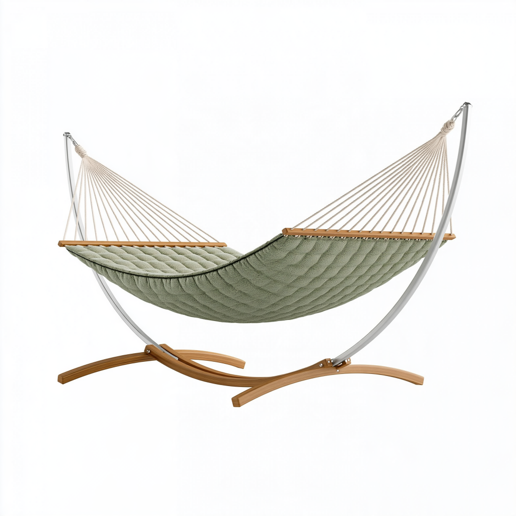 Hamac sur pied 300 x 120 x 110 cm en tissu vert avec structure métal et bois - style contemporain