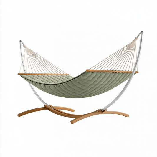 Hamac sur pied 300 x 120 x 110 cm en tissu vert avec structure métal et bois - style contemporain
