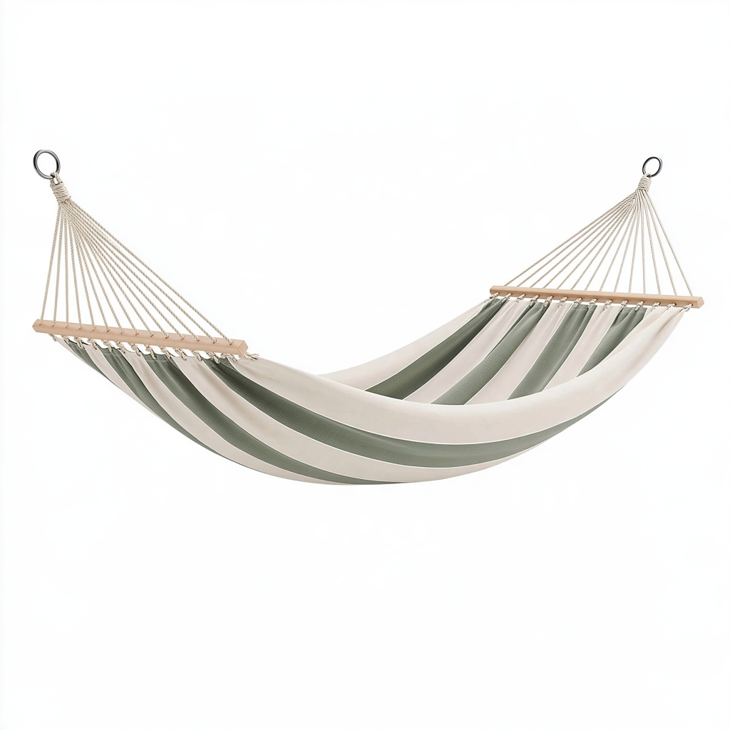 Hamac de jardin 320 x 150 cm en tissu vert et écru avec barres en bois