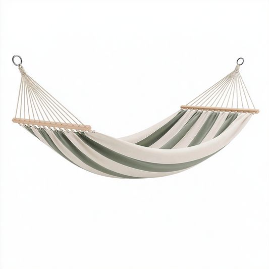 Hamac de jardin 320 x 150 cm en tissu vert et écru avec barres en bois