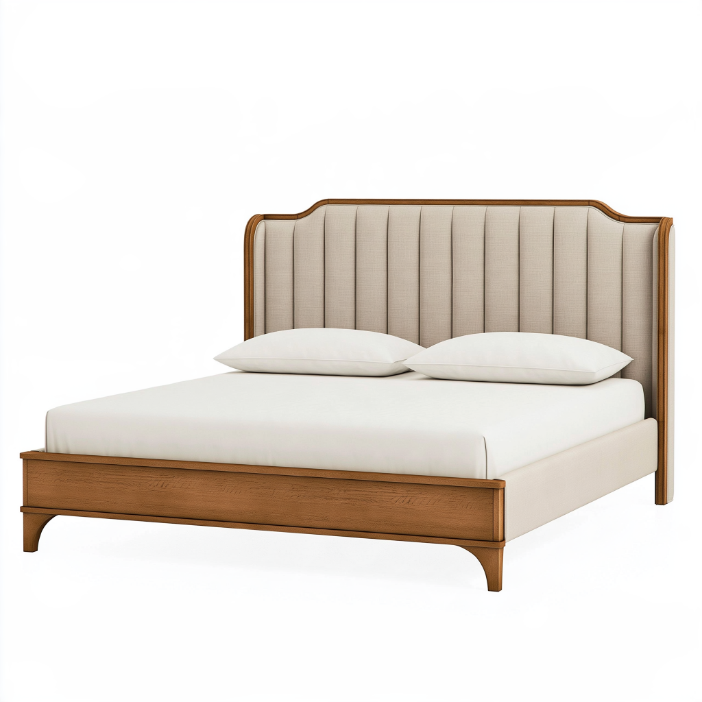 Lit 160 x 200 cm en bois marron et tissu beige - Style classique avec tête de lit capitonnée