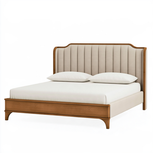 Lit 160 x 200 cm en bois marron et tissu beige - Style classique avec tête de lit capitonnée