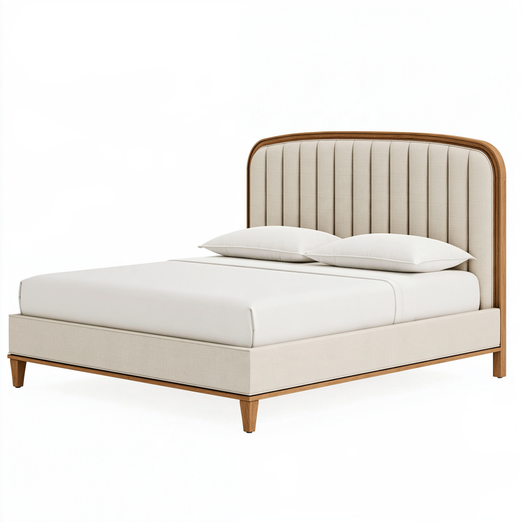 Lit double 160 x 200 cm en tissu beige et bois - tête de lit capitonnée