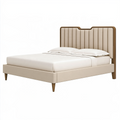 Lit double 180 x 200 cm en tissu beige et bois marron avec tête de lit rembourrée style contemporain