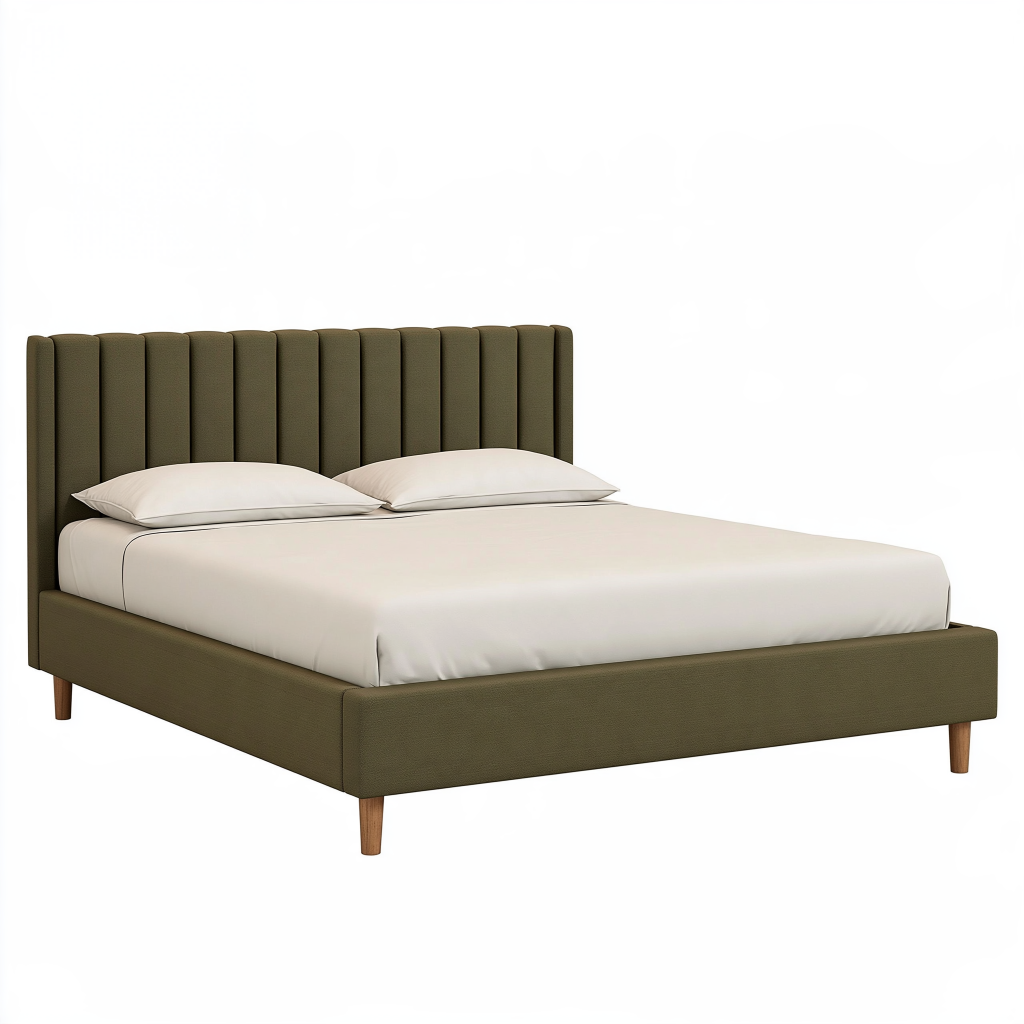 Lit double 160 x 200 cm en tissu vert olive avec tête de lit capitonnée