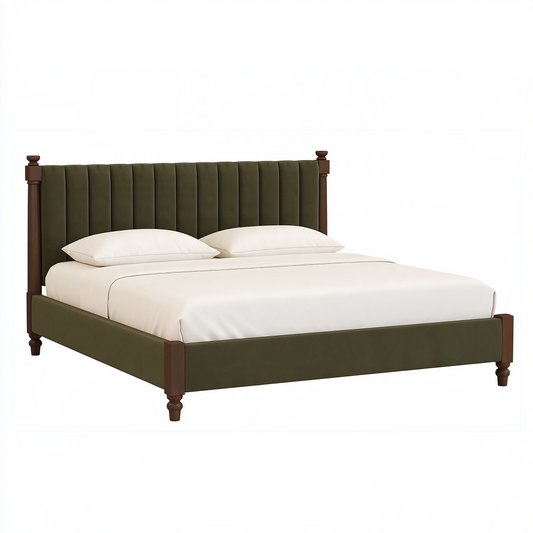 Lit double 160 x 200 cm en tissu vert et bois brun avec tête de lit capitonnée