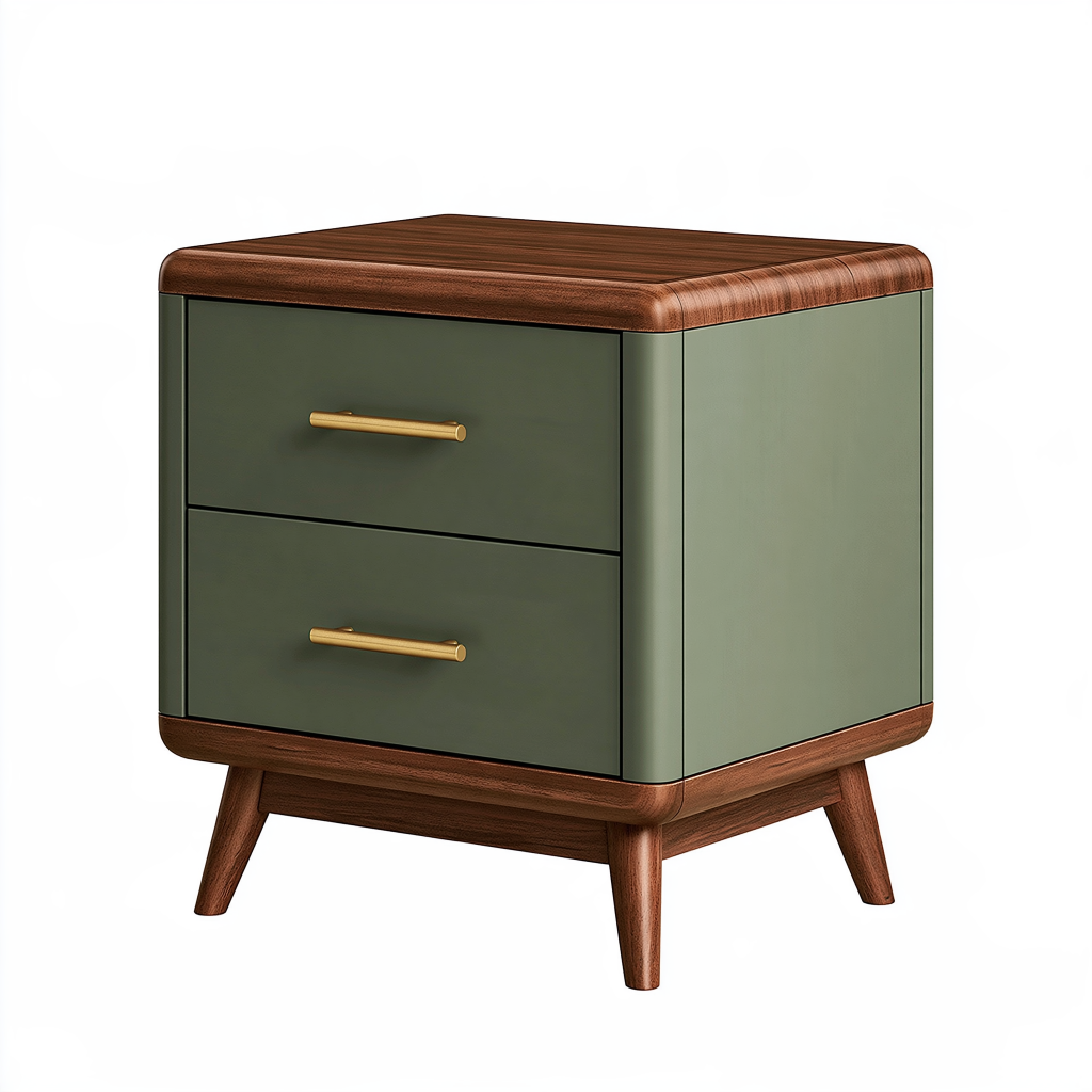 Table de chevet 50 x 40 x 55 cm en bois vert olive et brun - 2 tiroirs style rétro