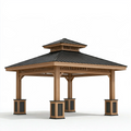 Tonnelle de jardin 400 x 400 cm en bois brun avec toit métallique noir style pagode