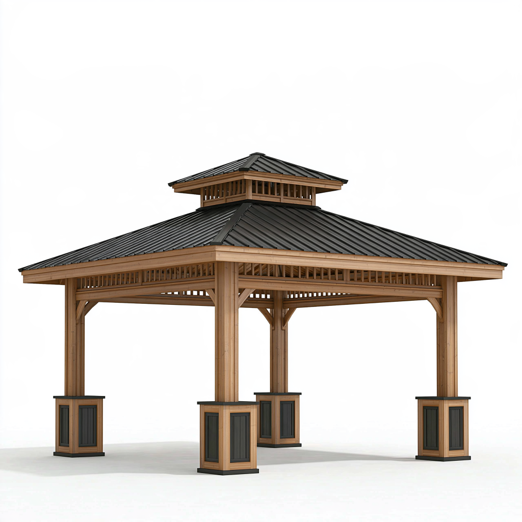 Tonnelle de jardin 400 x 400 cm en bois brun avec toit métallique noir style pagode