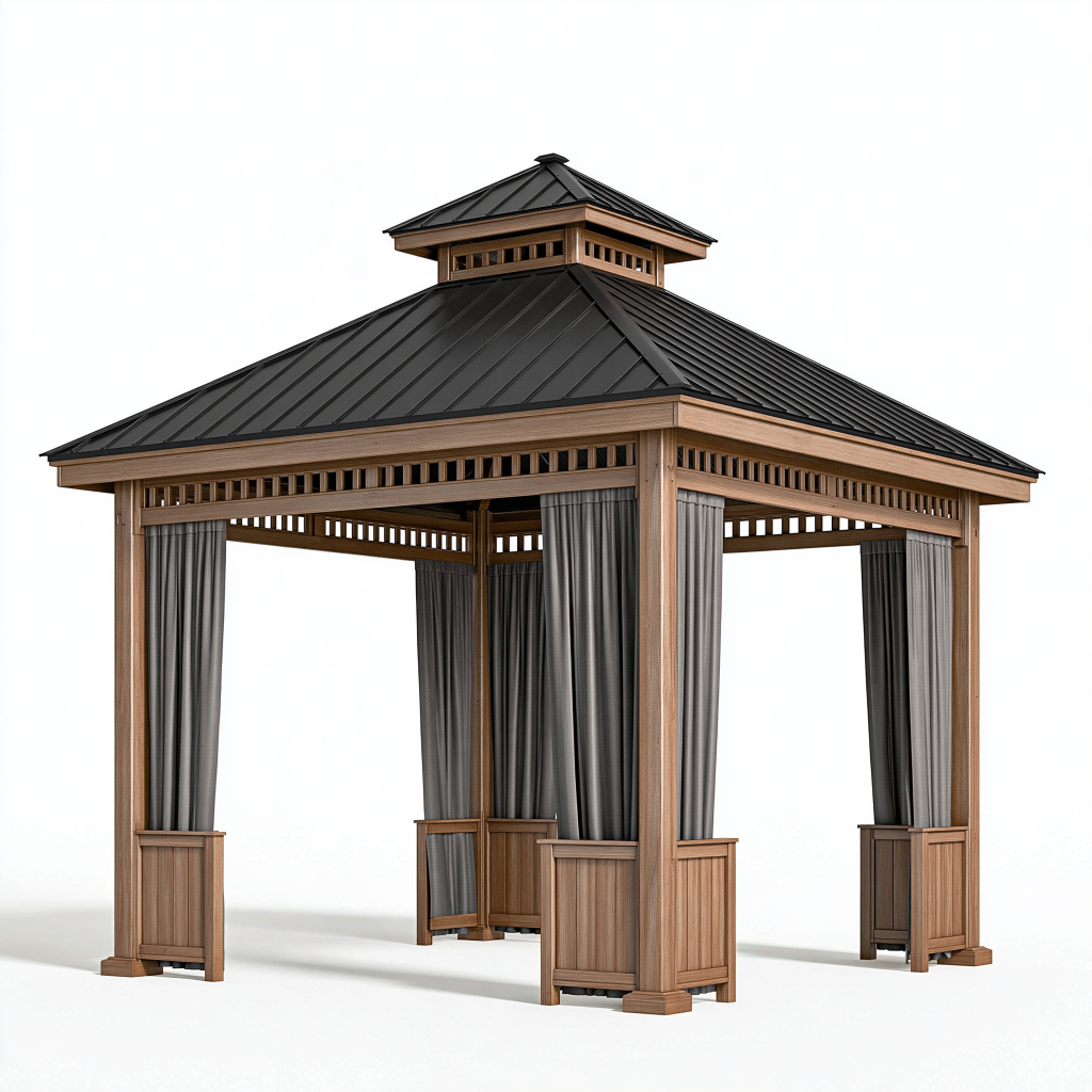 Pavillon de jardin 300 x 300 cm en bois marron avec toit métallique noir et rideaux
