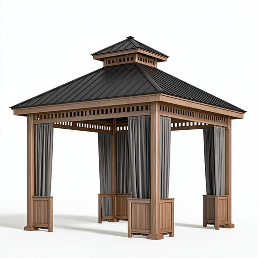 Pavillon de jardin 300 x 300 cm en bois marron avec toit métallique noir et rideaux
