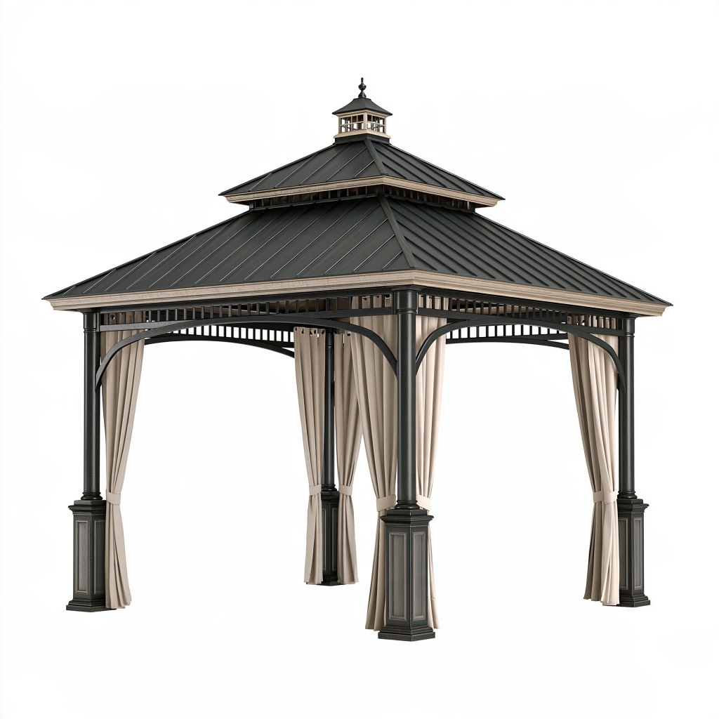 Tonnelle de jardin 300 x 300 cm en métal noir avec rideaux style pavillon