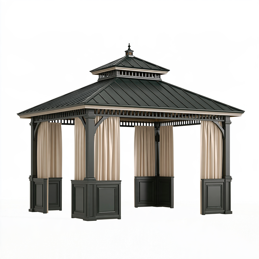 Pavillon de jardin 400 x 300 x 330 cm en métal noir avec rideaux style classique