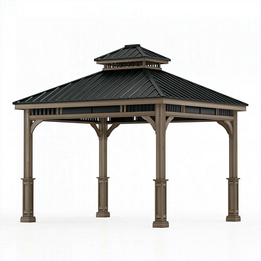 Tonnelle de jardin 300 x 300 cm en bois brun avec toit métallique noir - abri extérieur traditionnel